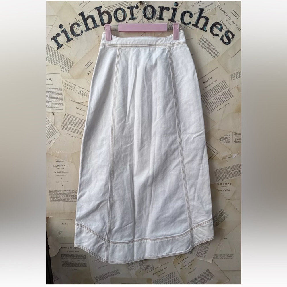 Anthropologie Farm Rio Denim Wave Maxi Skirt Button Up Side Pockets Ivory - Picture 6 of 6